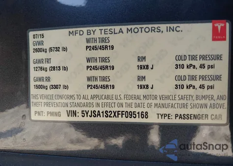 2015 Tesla Model S 70D/85D/P85D из США, поврежденный, VIN 5YJSA1S2XFF095168